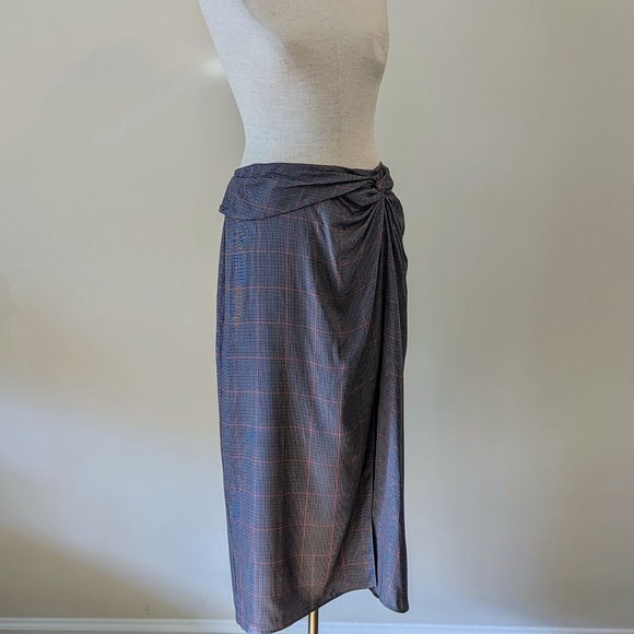 rag & bone Midi Skirt Amber Plaid Gathered Twist Waist Slit Grey Multi 6 NWT - Picture 6 of 13